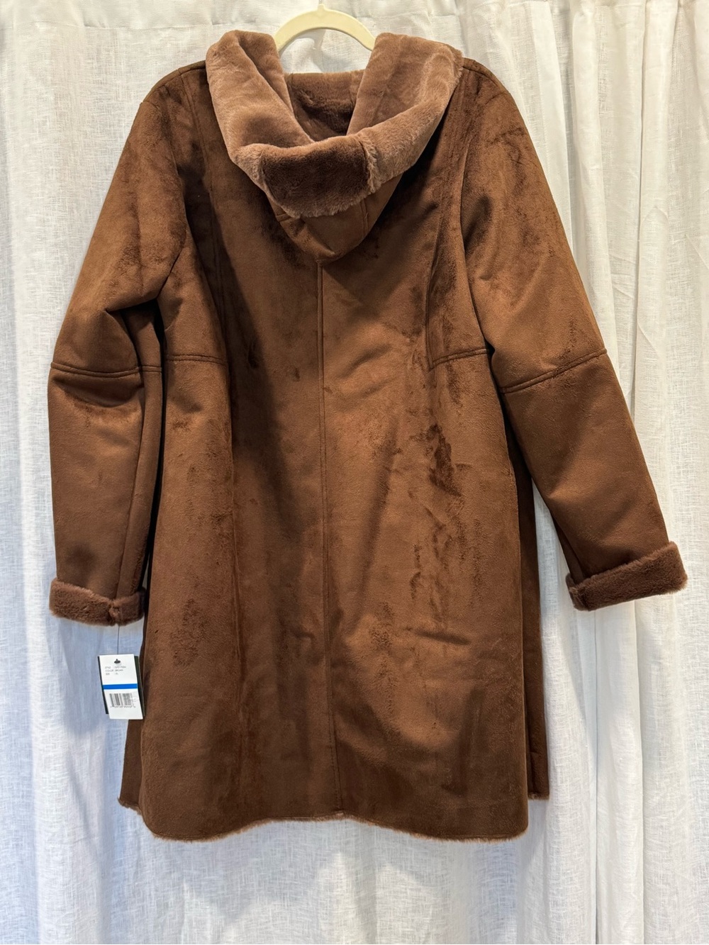 Gallery Faux Suede Faux Shearling Hooded Long Coat Brown XL NWT - Picture 4 of 13